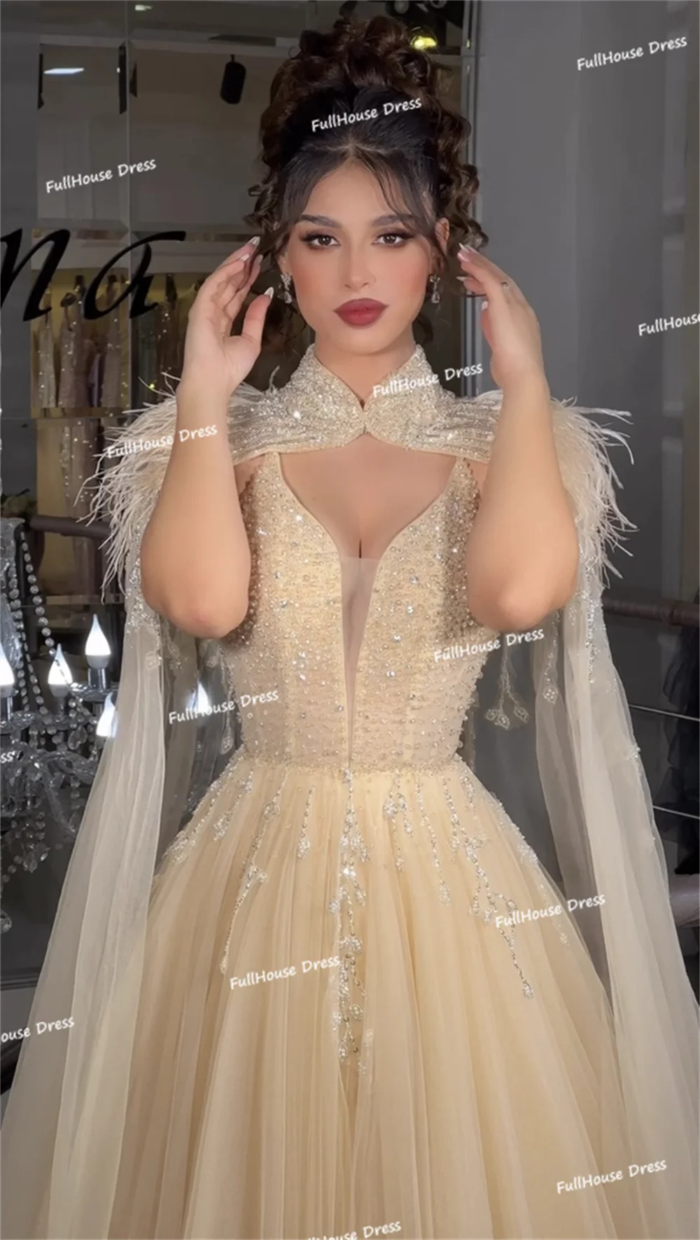 Custom Made Fantastic V-neck Tulle A-line Beading Shiny Evening Dress Floor Length Backless Feathers Party Dress with Train