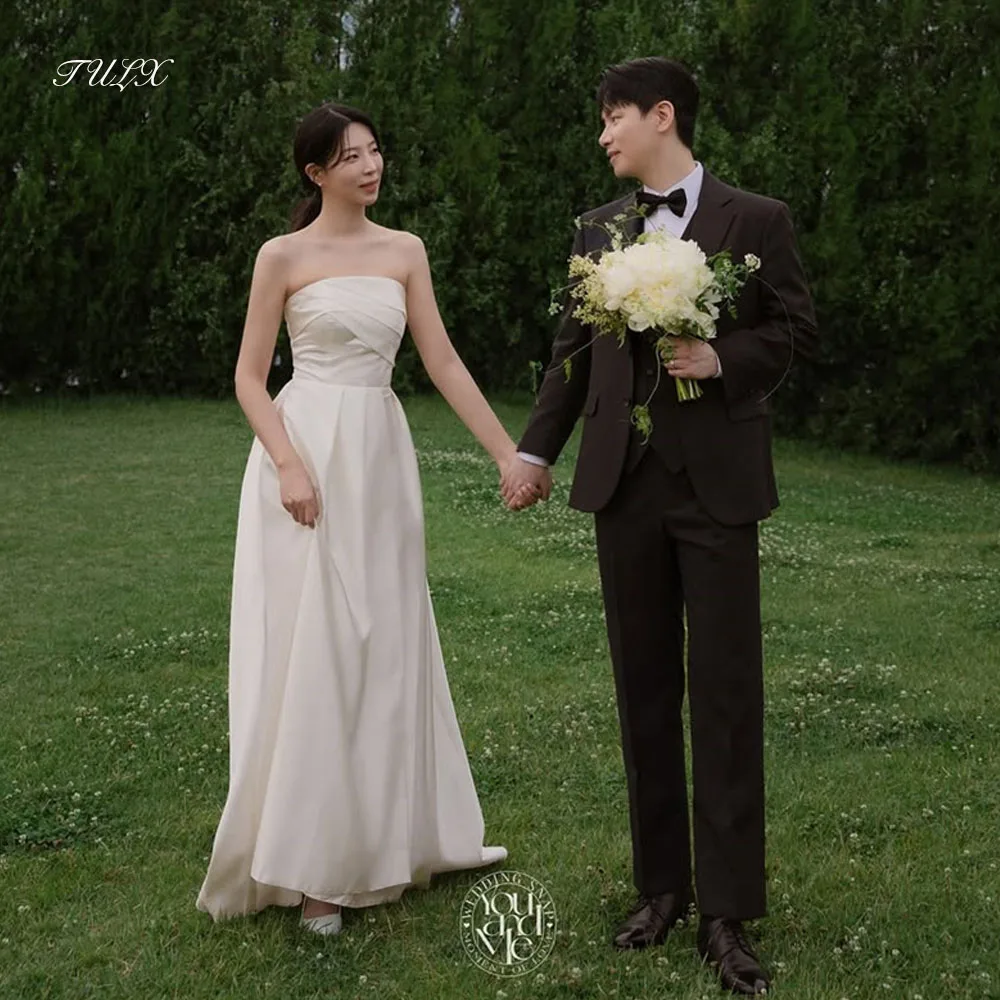 TULX 심플 아이보리 새틴 코르셋 웨딩드레스 한국 사진 촬영 스트랩리스 플리츠 A라인 롱 브라이덜 가운 맞춤 제작 웨딩드레스