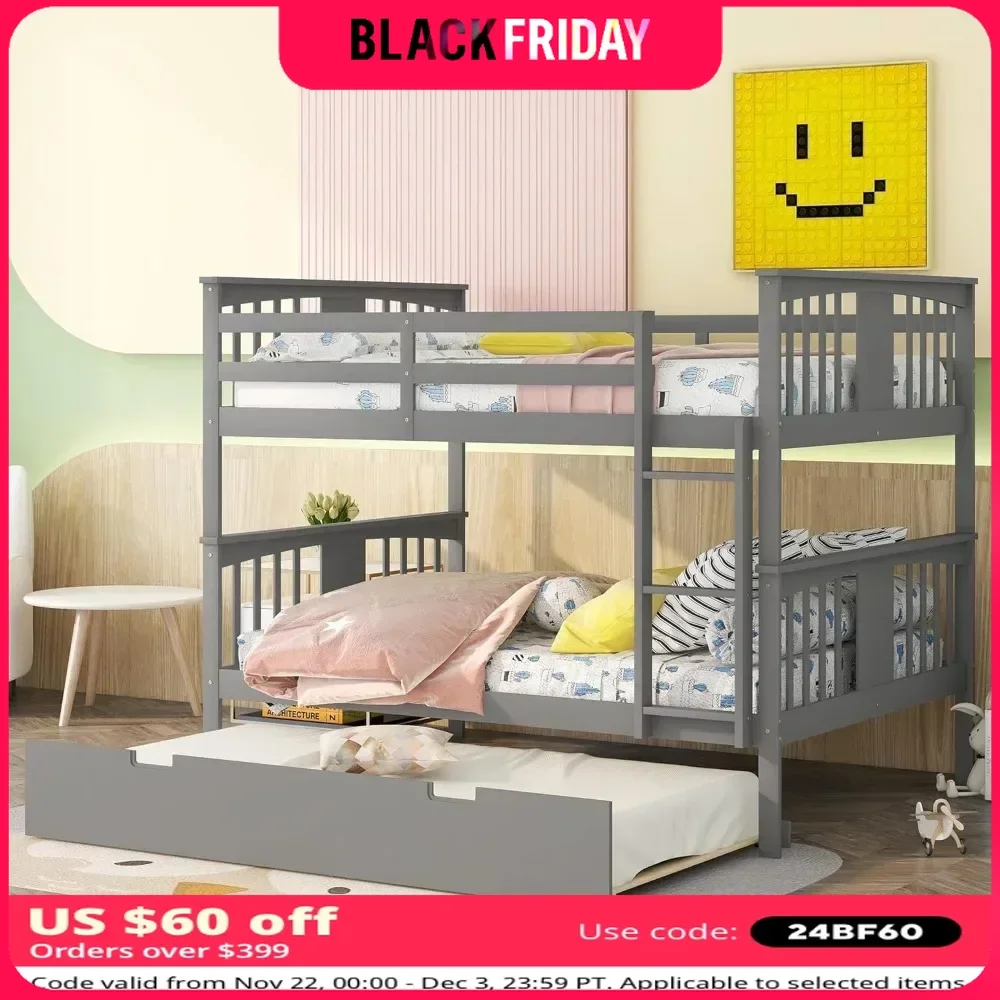 Full Bunk Bed, for Adults Kids Teens, Detachable Wood Full Bunks Bed Frame with High Length Guardrail,Solid Wood Bunk Beds