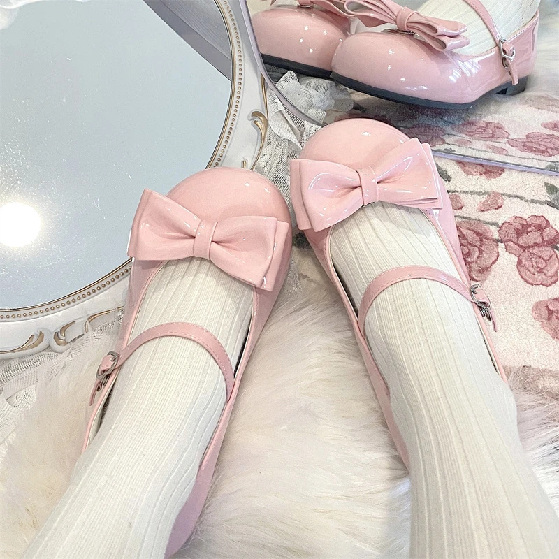 Sweet Cute Bow Low Heel 1cm Flats Round Head Loli Shoes Lolitas For Kawaii Girls Harajuku Jk Uniform Shoes