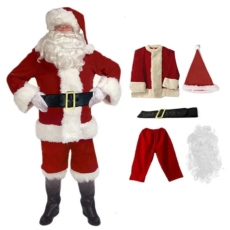 Santa Claus Costume For Men Christmas Hat Mustache Santa Suit 5 Pieces Santa Velvet Plush Outfit Costume For Men Women