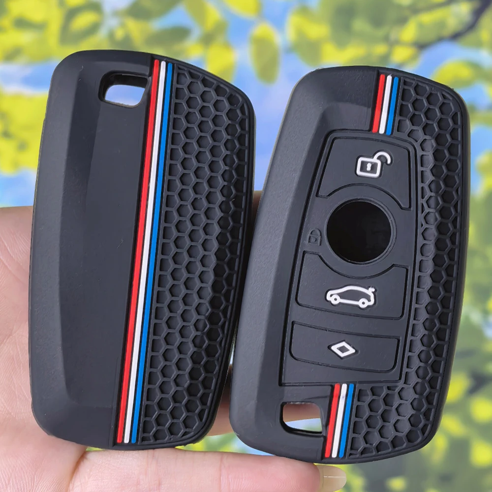 Honeycomb Racing Stripe Silicone Key Fob Cover for BMW 1 2 3 4 5 6 7 Series X1 X2 X3 X4 X5, Soft Remote Key Protector