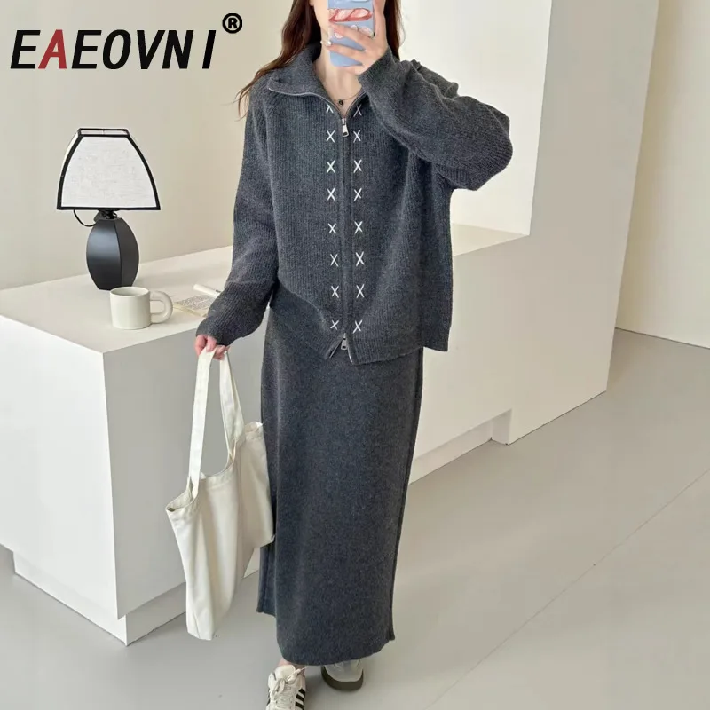 

EAEOVNI модный вязаный комплект с вышивкой, женский осенне-зимний новый однотонный пиджак на молнии + юбка, повседневная одежда