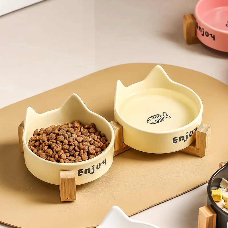 

Ceramic Cat Bowl Wood Bowl Rack Dog Drinking Feeding Bowls Snack Canned Food Plate Anti-Tumble Pet Water Basin