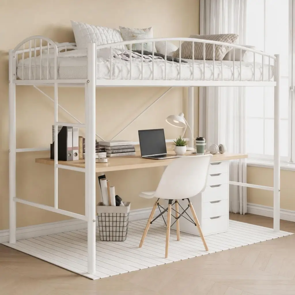 GarveeLife Heavy Duty Space-Saving Twin Metal Loft Bed Frame – Modern Arched Guardrail, Secure Ladder, Ideal for Kids & Teens, Durable Construction, No Box Seasonal Needed,White