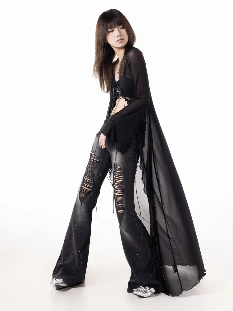 

Elastic Long Sve Sun Protection irt Lace Outerwear Thin Fairy Aosphere V Ne mid Length Pure Color Commute Sle Summ...