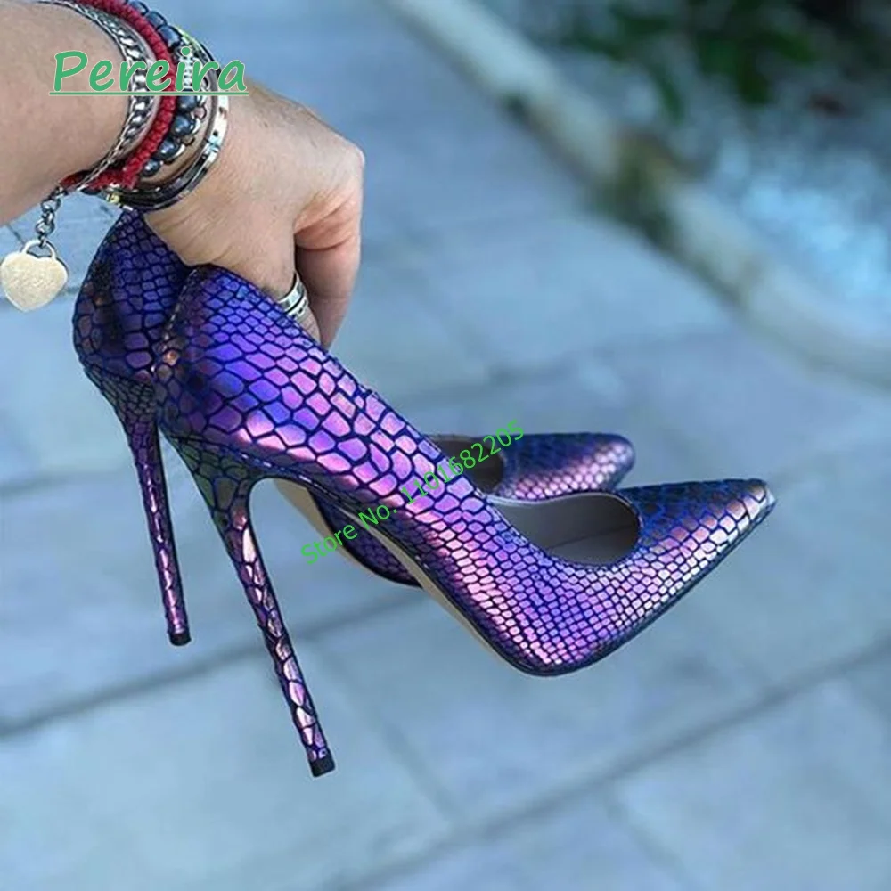 Purple Snake Print Slip-on Pumps Women\'s 2023 Solid Hollow Pointed Toe Super Thin High Heel Leather Sexy Fashion Party Shoes