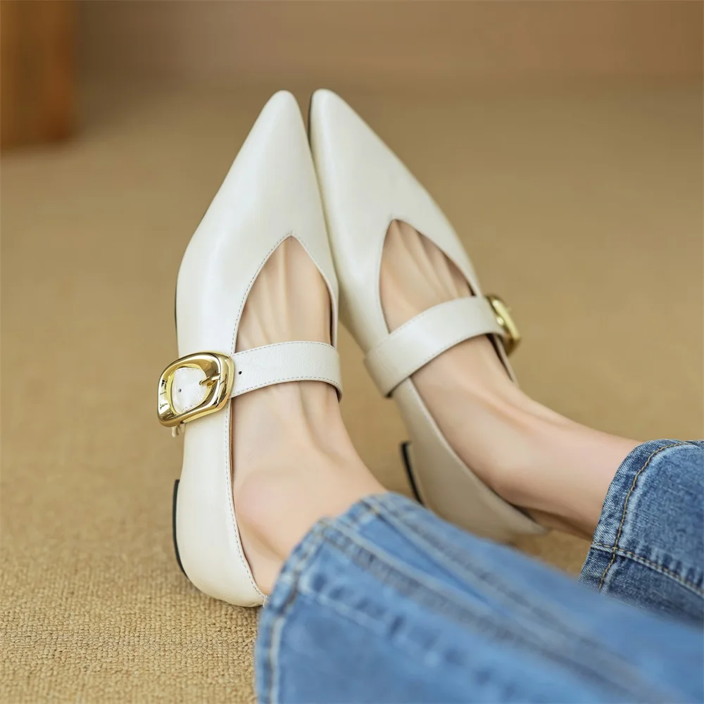 RIZABINA New Real Leather Women Pumps Pointed Toe Low Heels Flat Shoes Ladies Fashion Buckle Strap Dress Office Shoes Size 34-40