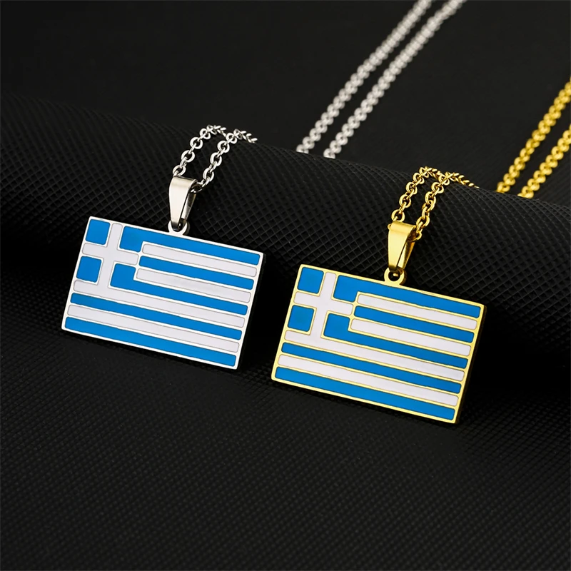 Drop Oil Greece Flag Pendant Necklace For Women Greek Gold Silver Color Stainless Steel Jewelry Ethnic Party Birthday Gifts