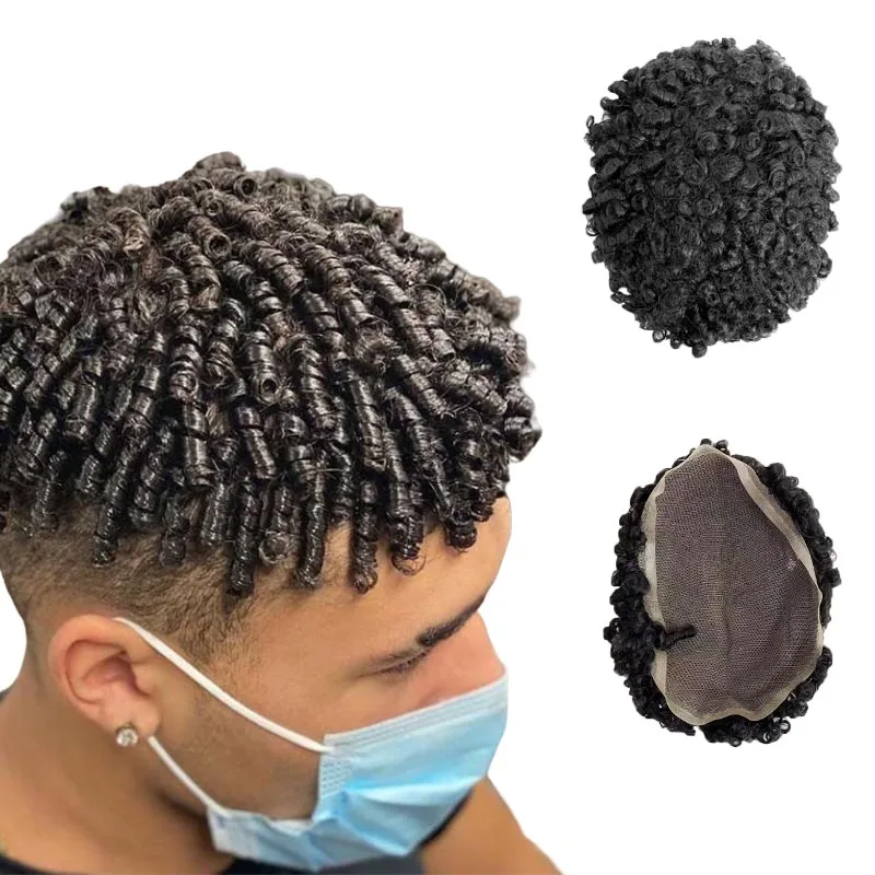 

European Virgin Human Hair Replacement 12mm Curl #1b 7x9 Full Lace Toupee for Black Men