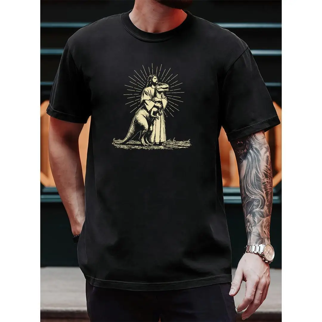 

Funny Religious Dinosaur Graphic T-Shirt – Vintage Style Meme Tee for Men, Cool Weird Art Streetwear Top