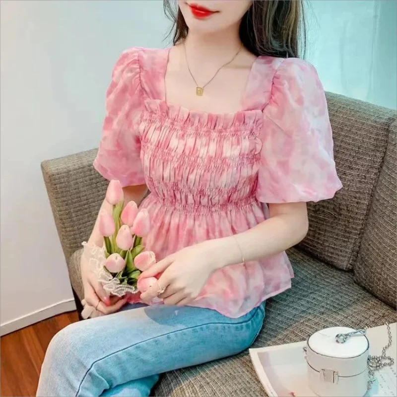 Square Neck Floral Chiffon Shirt Women'S Bubble Sleeves Summer 2024 New Open Collarbone Westernized Fashion Small Shirt Top