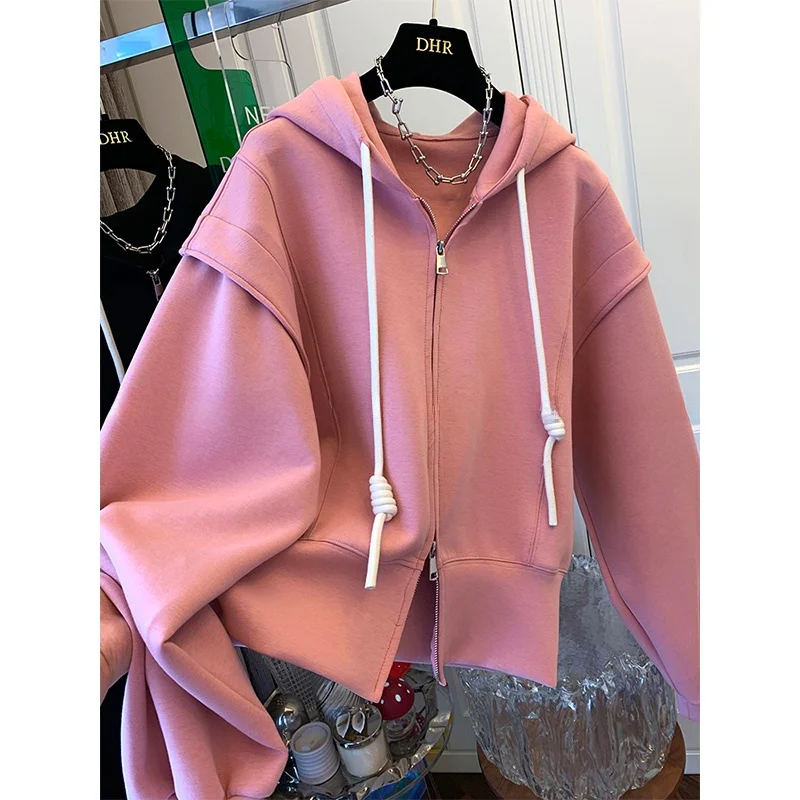 

Оверсайз худи на молнии с двойной цепной застежкой, для женщин, до 136 кг, повседневный дизайн, верхняя одежда, 100% хлопок, корейский стиль