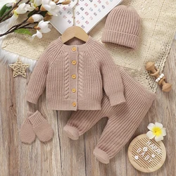 Baby Clothes Set Knitted Newborn Boy Pullover Trousers Hat Gloves 4PCS Infant Girl Sweater Pants Long Sleeve Mittens Warm Autumn