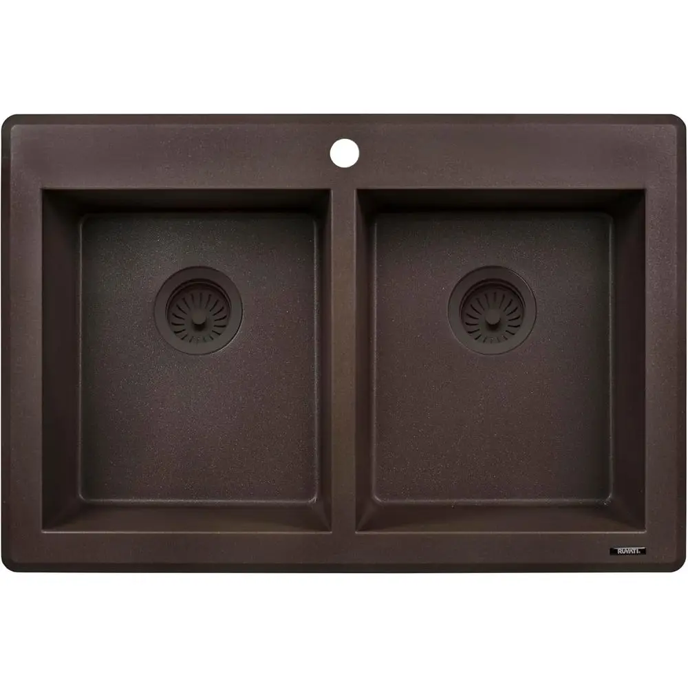 

33 x 22-дюймовая эпигранитовая встраиваемая гранитовая композитная кварцевая кухонная раковина с двойной чашей для верхнего крепления — коричневая эспрессо — RVG1388ES