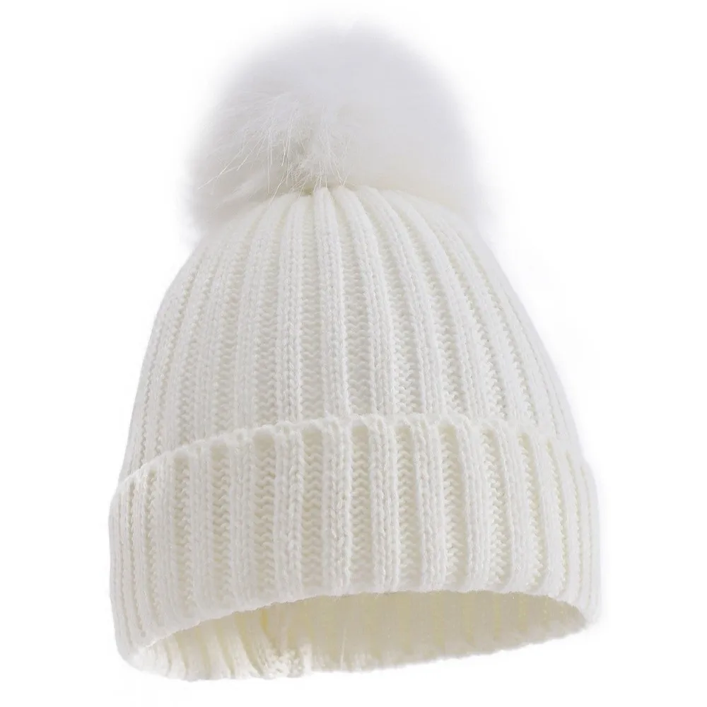 Solid Color Ribbed Knit Beanie Single Pom Pom Ribbed Knit Faux Fur Pom Beanie Thick Warm Faux Fur Thick Beanie Hat For Women