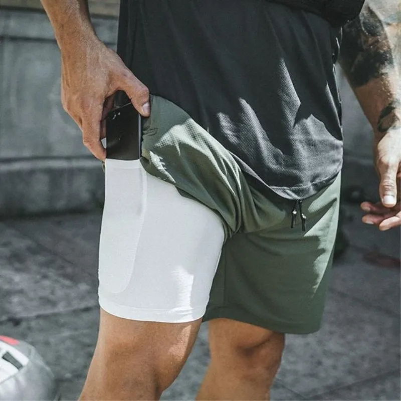 Men's 2 in 1 Fake Two Piece Double Layer Quick Dry Running Shorts Fitness Bodybuilding Workout Jogging Yoga Sports Shorts