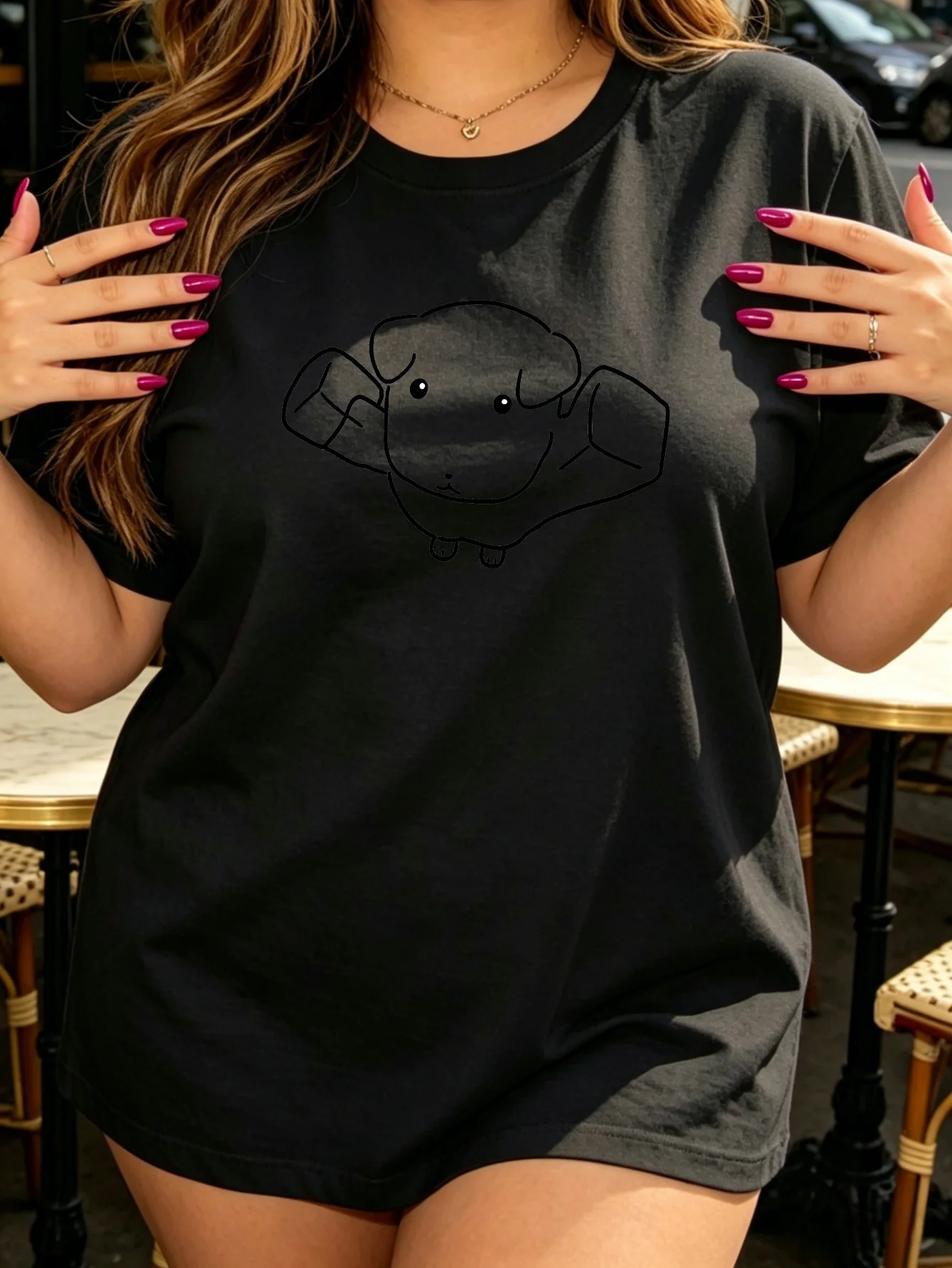 Women Crew Neck Tee Muscular Dog Line Art Graphic Print Short Sleeve Loose Ladies Summer Soft Cotton Plus Size Casual Street Top