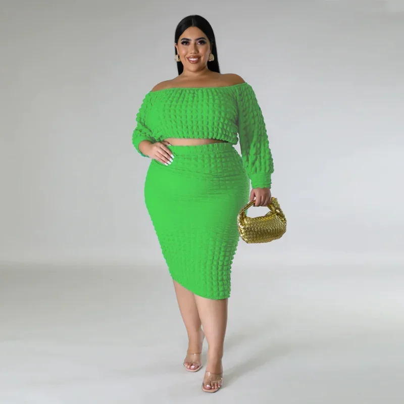 KEXU Plus Size Women Stretch Bodycon Midi Skirt Set and Off Shoulder Long Sleeve Tops Matching Two 2 Piece Set Sexy Club Outfits