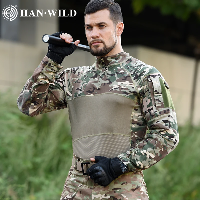 HAN WILD-Camiseta de combate táctico para hombre, uniforme de algodón, camiseta de camuflaje para exteriores, ropa de escalada de EE. UU., camisa de senderismo de manga larga de camuflaje