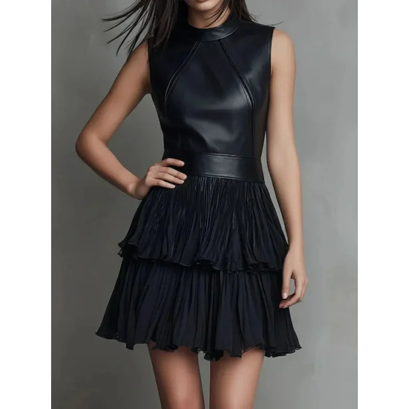 fashion-faux-leather-splice-mini-dress-women-sleeveless-high-neck-tiered-pleated-ruffle-hem-punk-clubwear-y2k-summer-dress