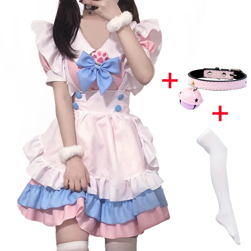 Anime Maid Lolita Dress Cosplay Costume Purple Pink Women Loli Dress Cat Claw Maid Bow Bell Collar and White Stockings