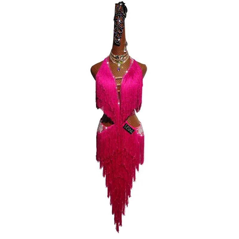 Latin Dance  Competition Show Custom Adult Children\'s Rose Red Embroidered Fringe Dance Dress