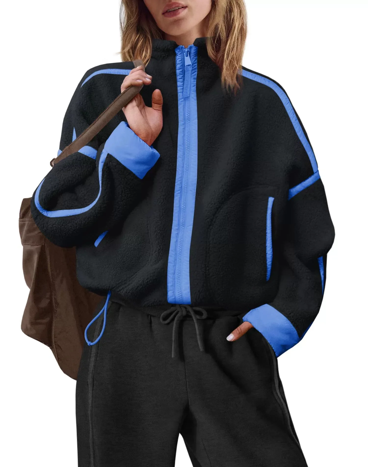 Damen-Fleecejacke mit durchgehendem Reißverschluss, weißem Kontraststreifen, Stehkragen, langen Ärmeln, Kordelzug am Saum, lockerer Schnitt, warme Winterjacke. – Detail 7