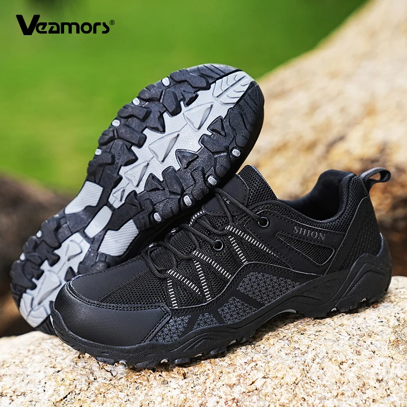 Men Anti-slip Hiking Shoes Mesh Casual Sports Shoes Male Breathable Outdoor Sneakers for Trekking Climbing Walking Elastic Sole