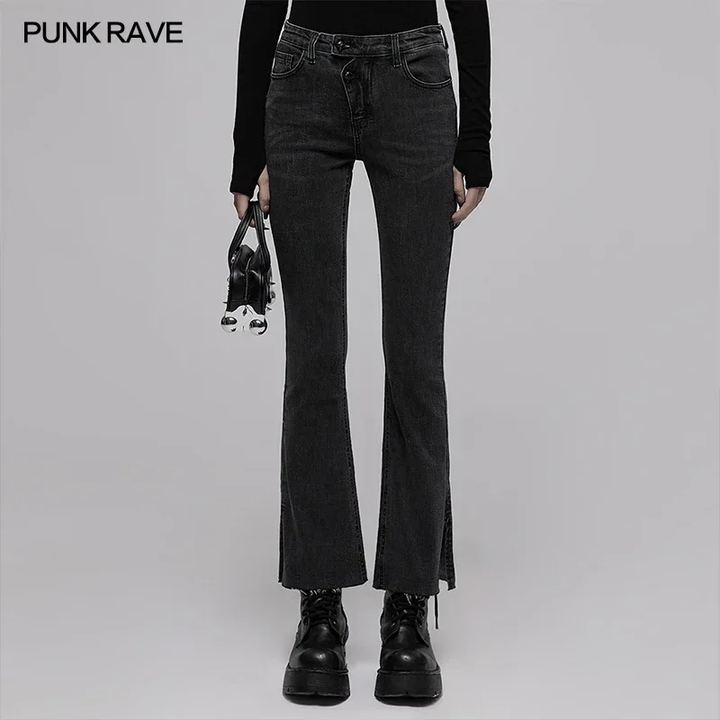 PUNK RAVE Punk Asymmetric Placket High Waist Flare Jeans For Women Pants Boyfriend Style Denim Pant Trousers Spring Autumn