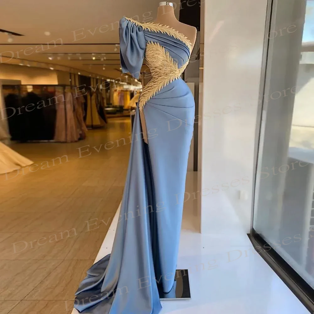 Vestidos De Noche personalizados De sirena elegante, vestidos De graduación De manga corta abombada con un solo hombro y encantadores vestidos De fiesta con abertura lateral