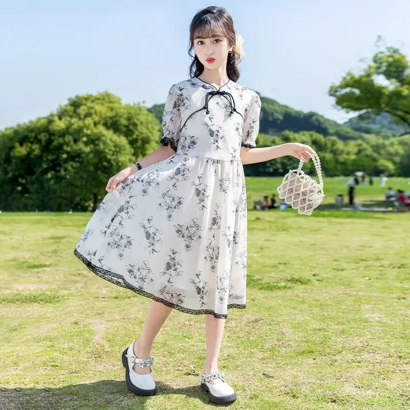Girls Summer Dress 2026 Princess Lace Up Waist Dresses Girls Fashion 10 To 12 Years Old Party Dance Bow Tie for Kids Clothes 9T