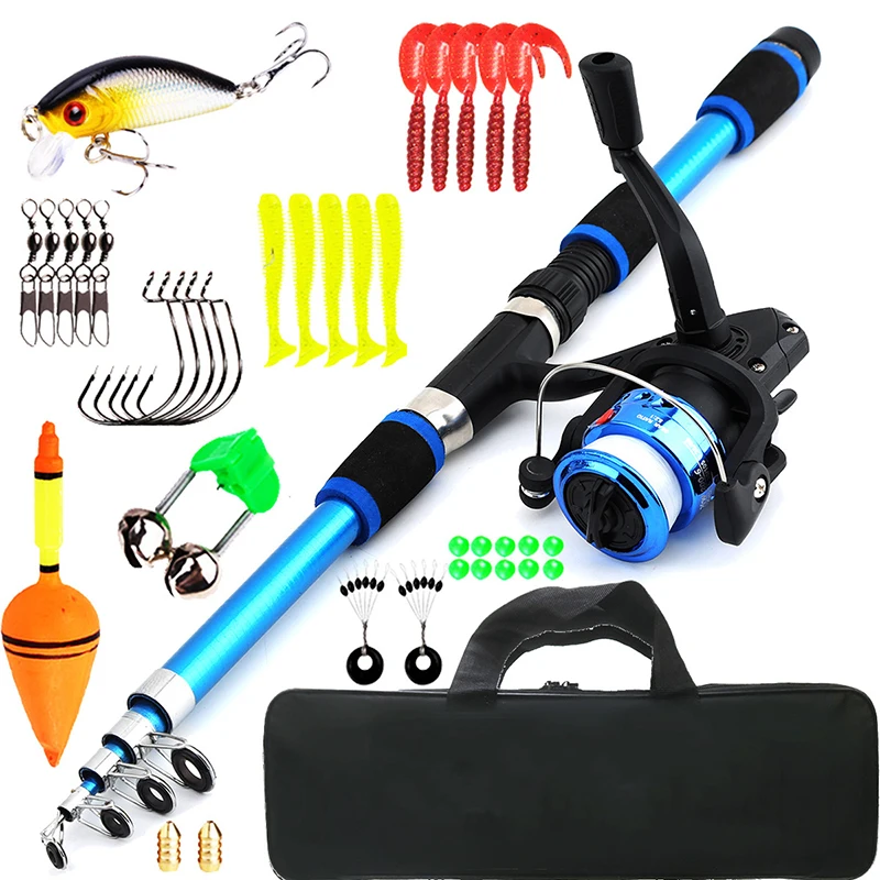 

Fishing Pole Set Full Kits 1.8m Telescopic Fishing Rod Spinning Reel Baits Hooks Travel Pole Set Rod Combo