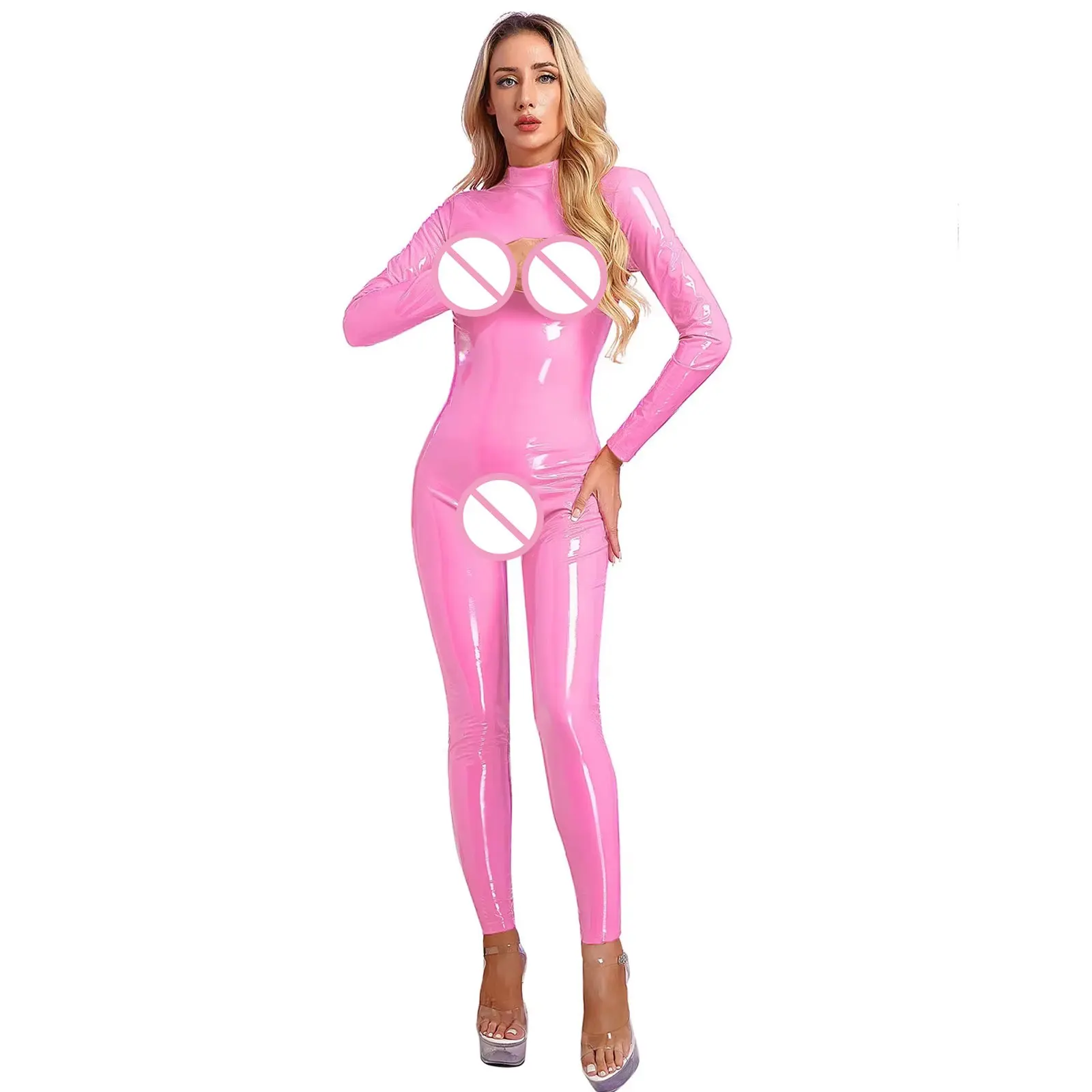 

Women Open Cups Latex Catsuit Patent Leather Hollow Out Crotchless Jumpsuit Bodysuit Sleeveless Skinny Jumpsuits Clubwear
