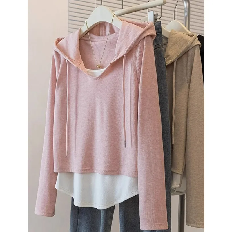 

plus Size Women's Pink Hoodie Fake Two-Piece Sweatshirt Autumn New Style Slimming Irregular Shoulder Commute Korean Version P...