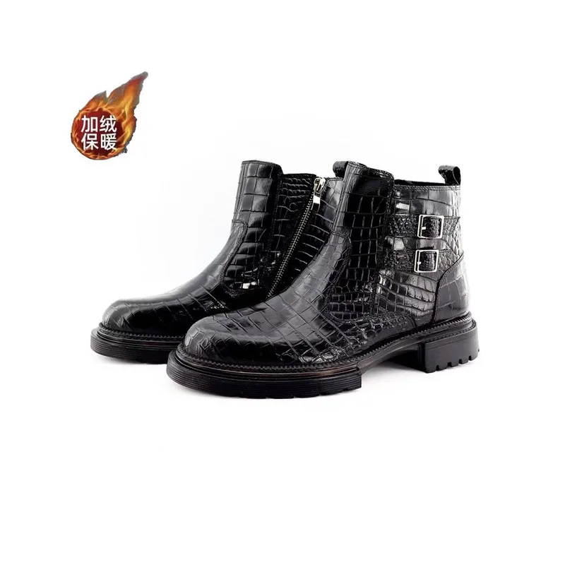 

Authentic Crocodile Fashionable Versatile British Style Short Leather High Tops Plush Boots Two Cotton Mens Casual Shoes Loafers