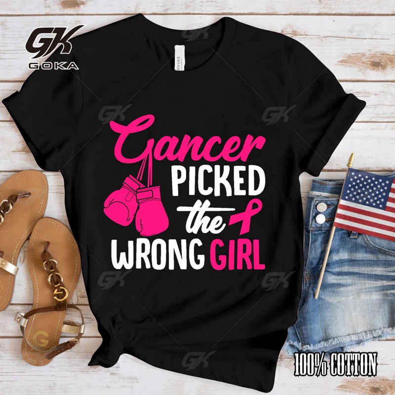 Women Men Funny Breast Cancer Awareness Cancer Picked The Wrong Girl Printed T-Shirt Summer Short Sleeved Tops