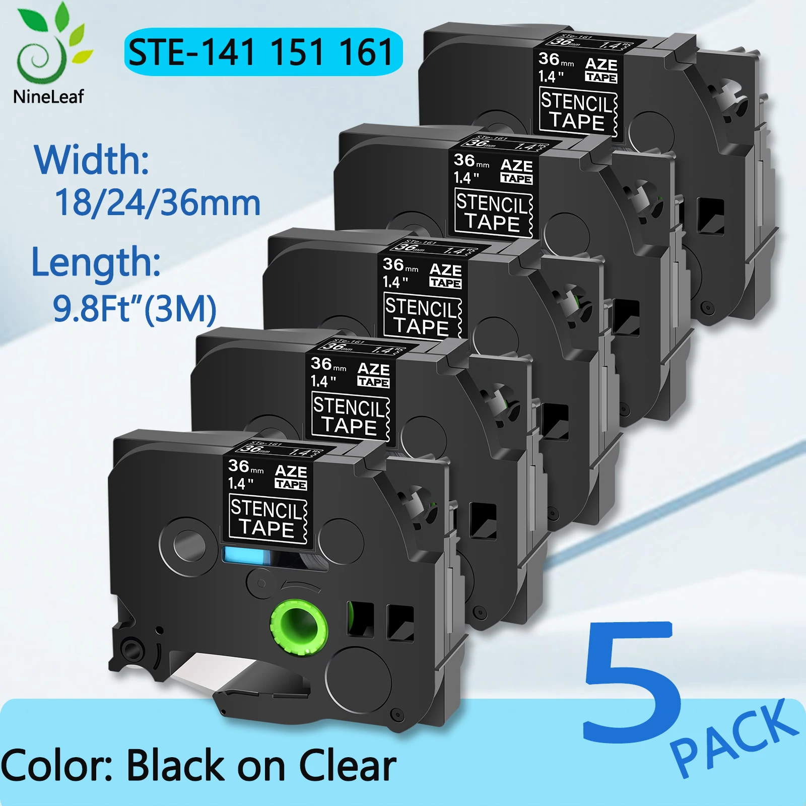 

5PK Stencil Non-Laminated Tape Black on Clear 18/24/36mm Compatible For Brother STE151 Cartridge For P-Touch Label Printer PT300