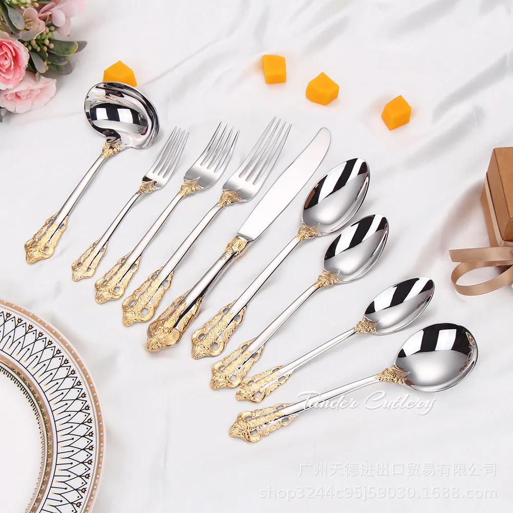 

9 шт. золотой нож с покрытием из нержавеющей стали 304, нож для стейка в стиле вестерн с рельефным судом и вилка, десертная западная посуда