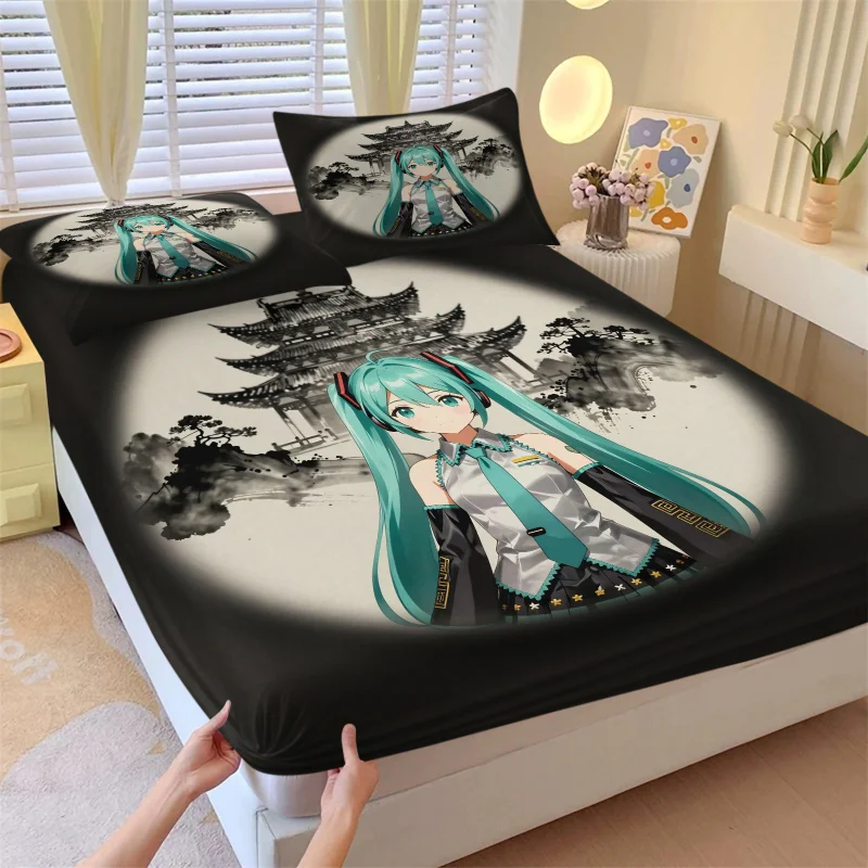 3Pcs Hatsune Miku Fitted Sheet Set with 2 Pillowcases Ink Wash Temple Anime Bedding Set Soft Deep Pocket for Fan Bedroom Decor