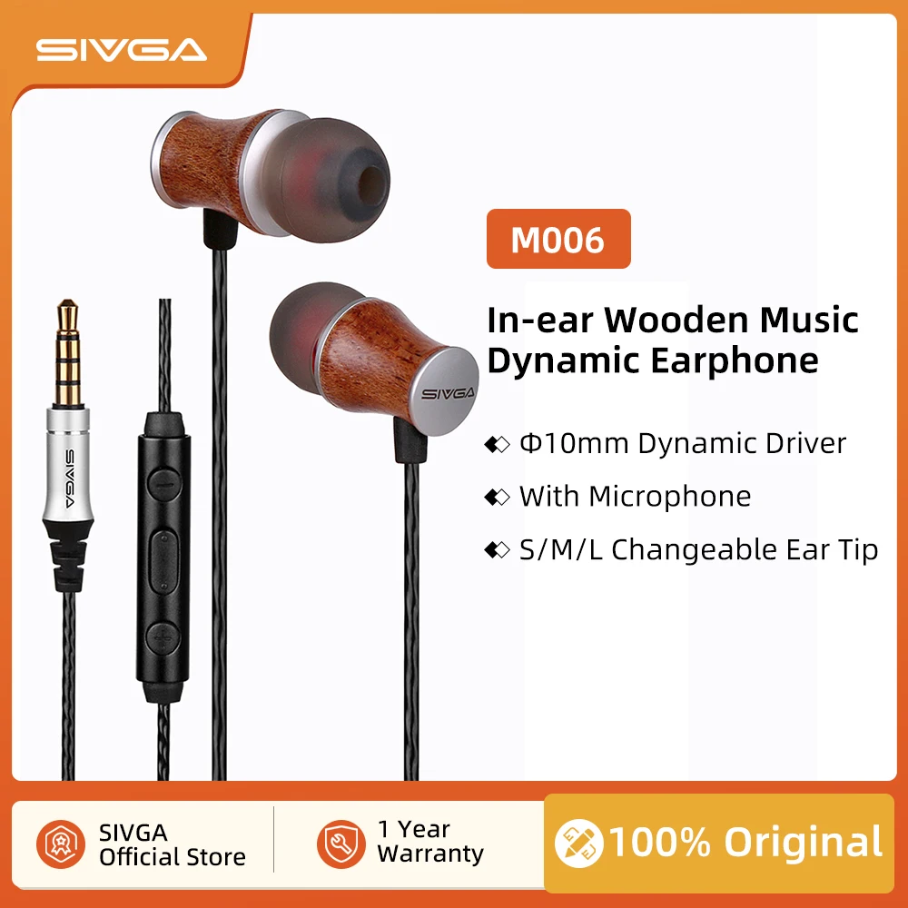 SIVGA M006 Rosewood In-ear Stereo Earphone Bass HIFI Fever Dynamic Driver Earbuds Music Wired Earpiece with Mic for Mobile Phone