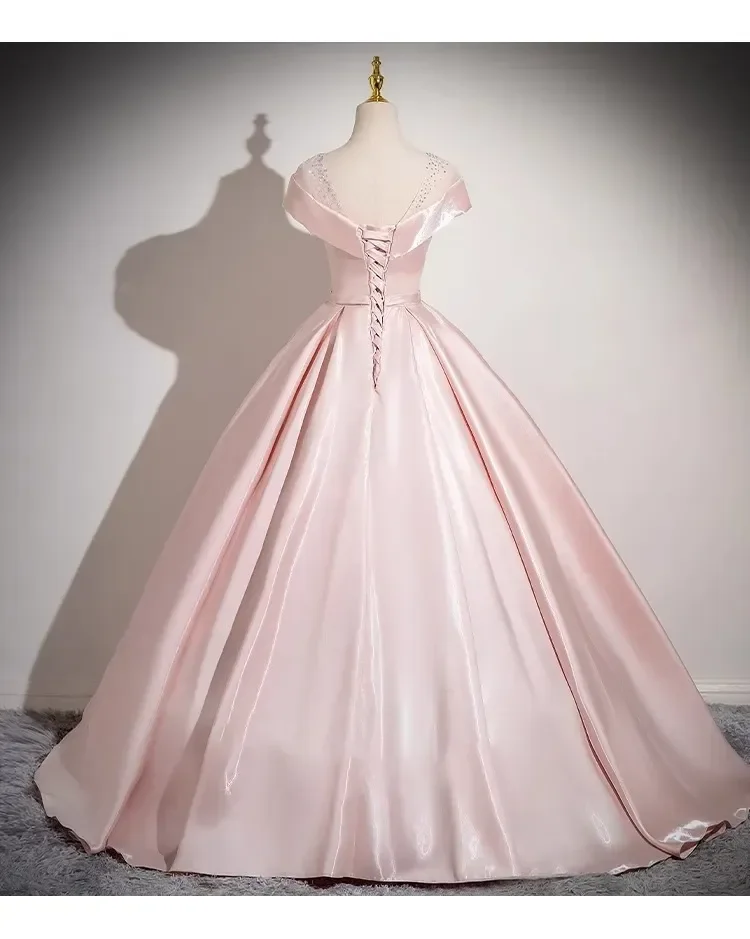 Pink Off Shoulder Satin Ball Gown with Beaded Neckline for Quinceanera Prom Evening Party Wedding Guest Formal Occasion view 6
