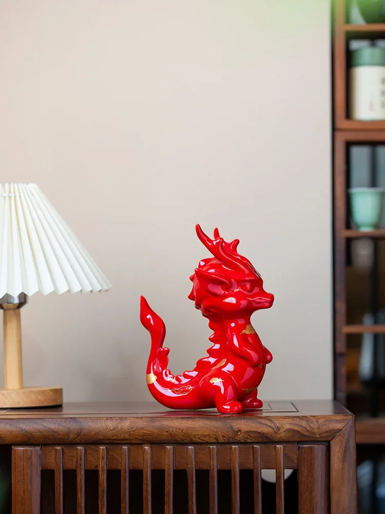 Red Ceramic Dragon Ornaments Fortune Furnishings Decorations