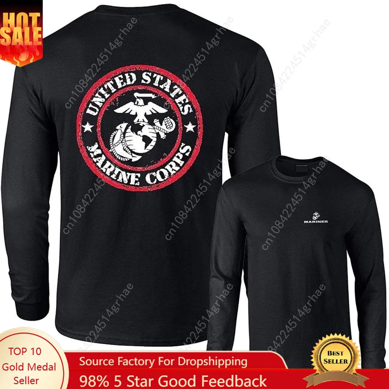 

Lucky Ride Marine Corps Logo Stamp Circle T-Shirt Long Sleeve Shirt Front and Back Military Shirts tees