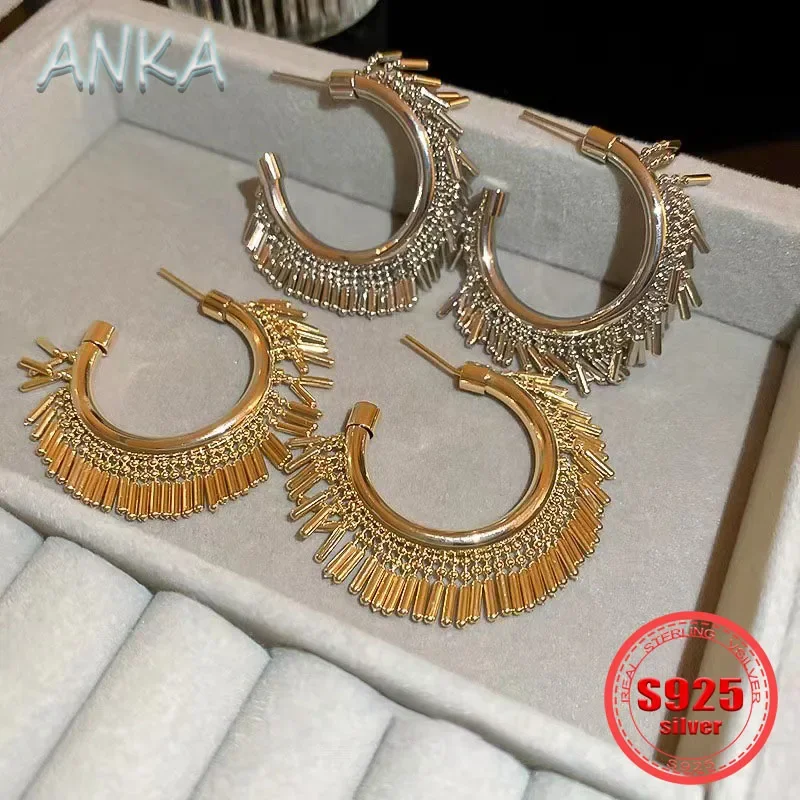 

ANKA NEW S925 silver French vintage semi-round fringed earrings celebrity fashion versatile design high-end women's earrings