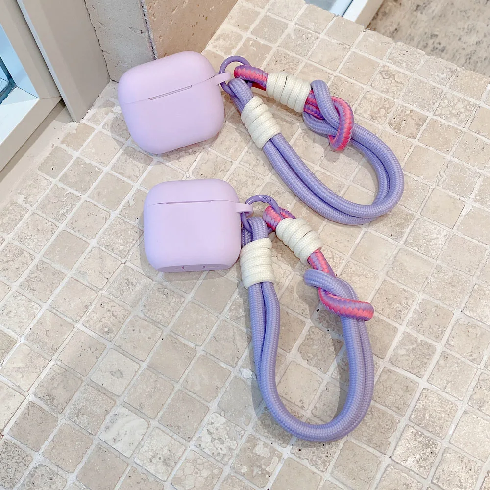 Lovely Lavender Purple Matte Silicone Earphone Case Weave Anti-Loss Lanyard For Apple AirPods 1 2 3 4 Pro 2 Soft Protection Cove