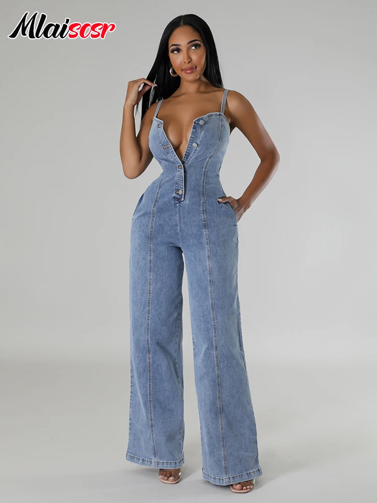 

Mlaiscsr Fashion Blue Denim Jumpsuits Women Spaghetti Strap One Piece Baggy Jeans Pants Wide Leg Rompers Overalls Streetwear New