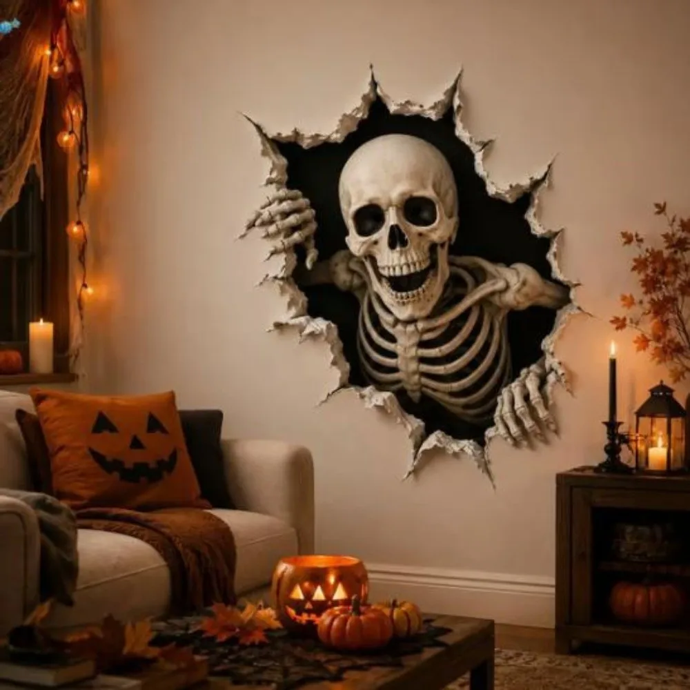 2D Flat Ghost Pumpkin Wall Decal Self-Adhesive Spooky Crash Through Wall Decals Waterproof Electrostatic Window Sticker Bedroom