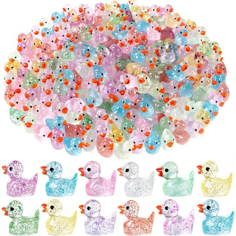 100PCS Glitter Mini Resin Ducks 10 Colors Little Duck Figures for DIY Garden Micro Landscape Aquarium Potted Dollhouse