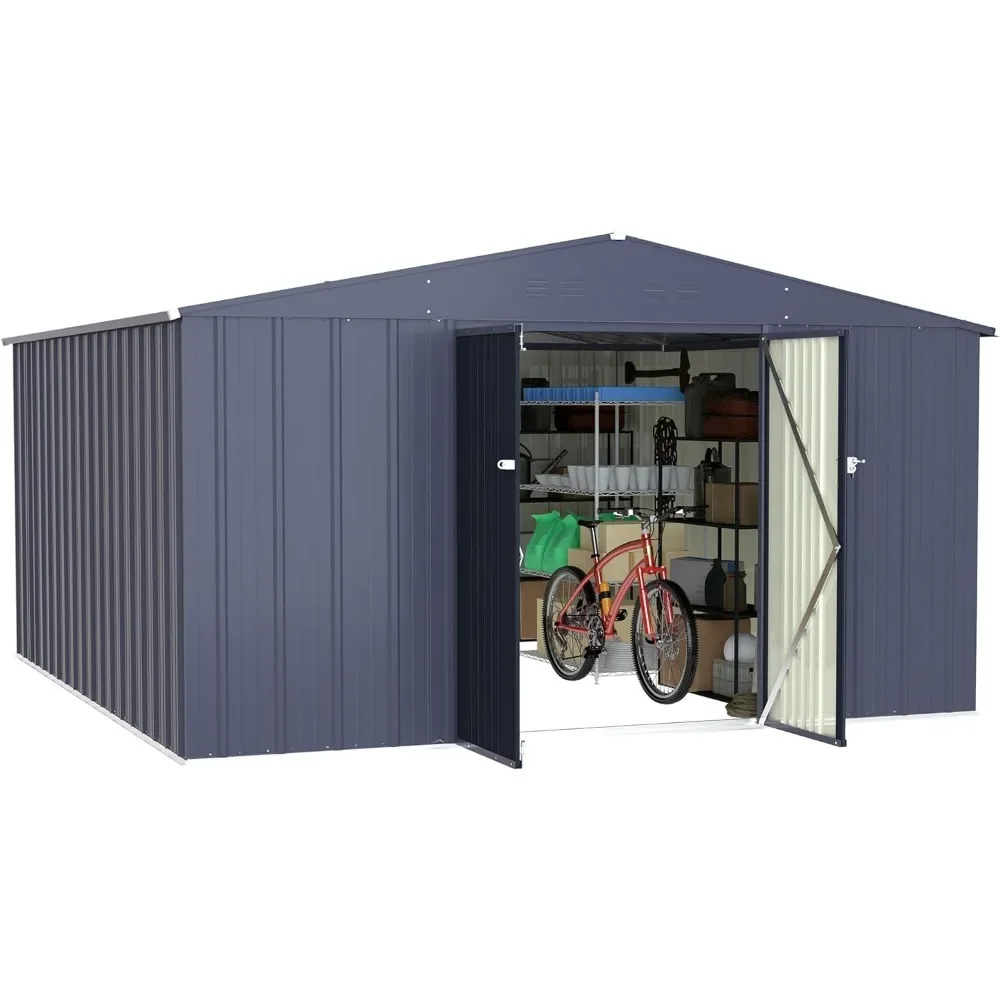 10x10FT Metal Outdoor Storage Shed Galvanized Tool Shed Storage House With Slooping Roof and Lockable Door Grey Sheds Waterproof